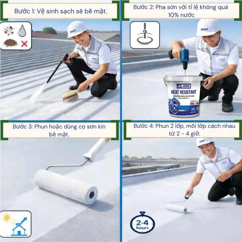 Quy trình thi công sơn chống nóng mái tôn JISON gồm 4 bước: vệ sinh bề mặt, pha sơn, lăn sơn phủ và thi công 2 lớp cách nhau 2-4 giờ.