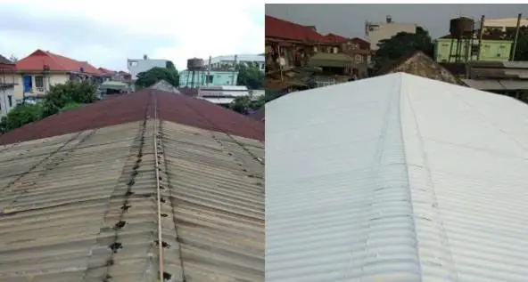Mái tôn trước và sau khi sơn chống nóng JISON giúp chống gỉ sét và bảo vệ mái tôn hiệu quả